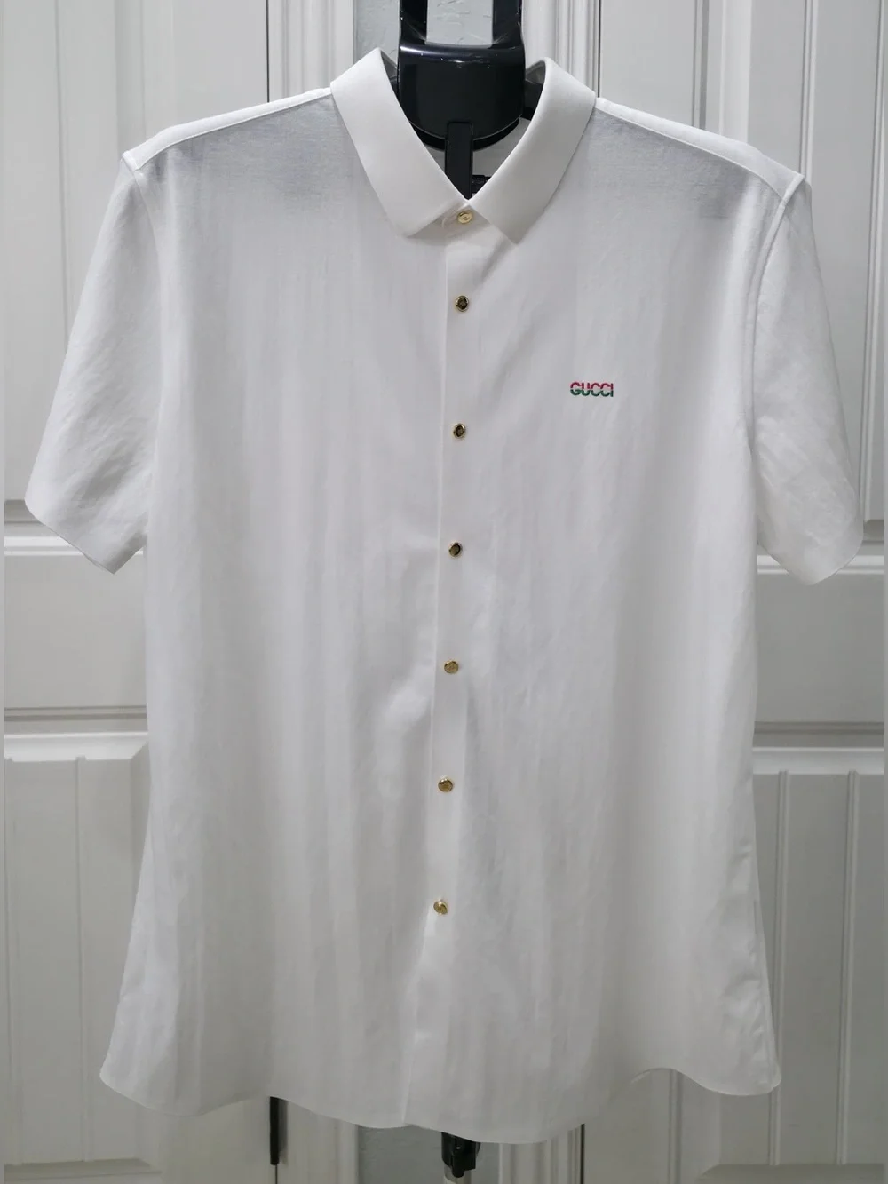 Gucci White Short Sleeve Button-Down Shirt with Gold Buttons and Logo